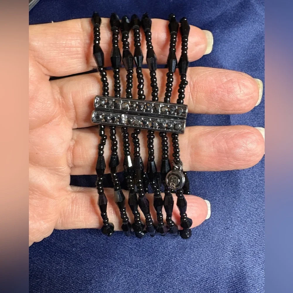 Bracelet Multi-strand Faceted Glass Bead Gun Metal Black Stretch